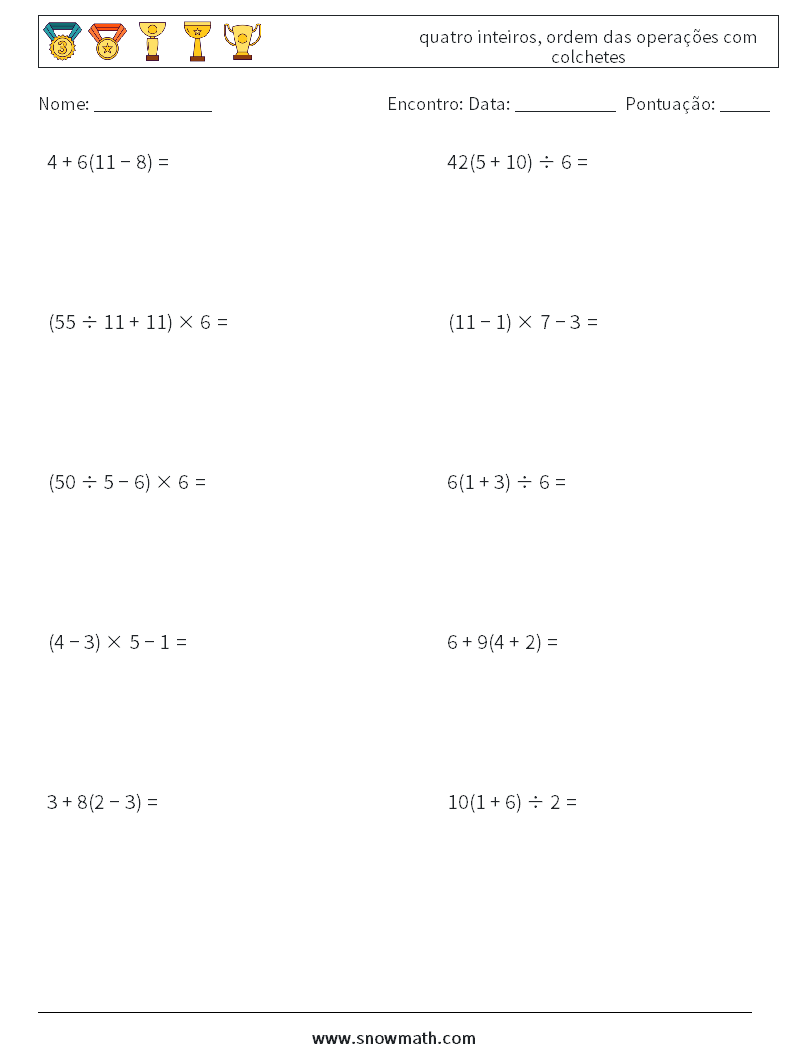 (10) quatro inteiros, ordem das operações com colchetes planilhas matemáticas 7