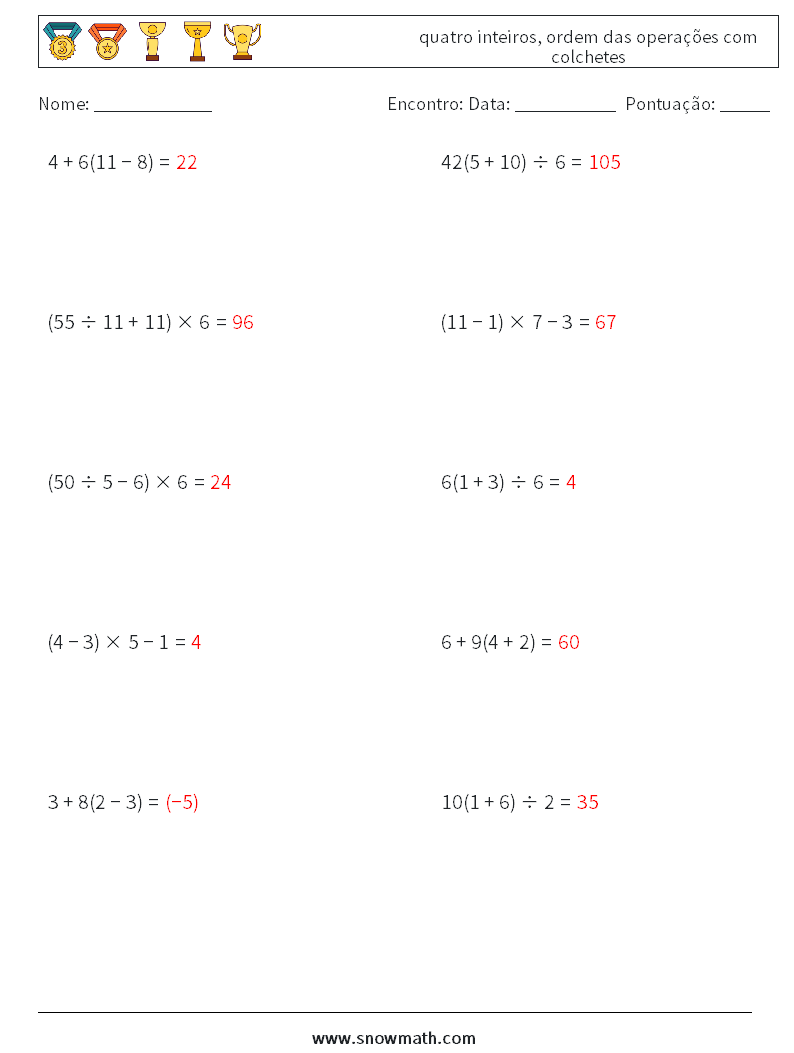 (10) quatro inteiros, ordem das operações com colchetes planilhas matemáticas 7 Pergunta, Resposta