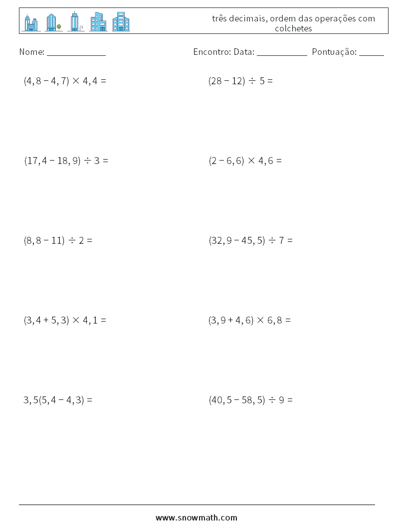 (10) três decimais, ordem das operações com colchetes planilhas matemáticas 1