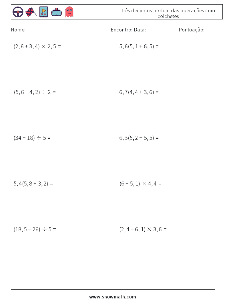 (10) três decimais, ordem das operações com colchetes planilhas matemáticas 12