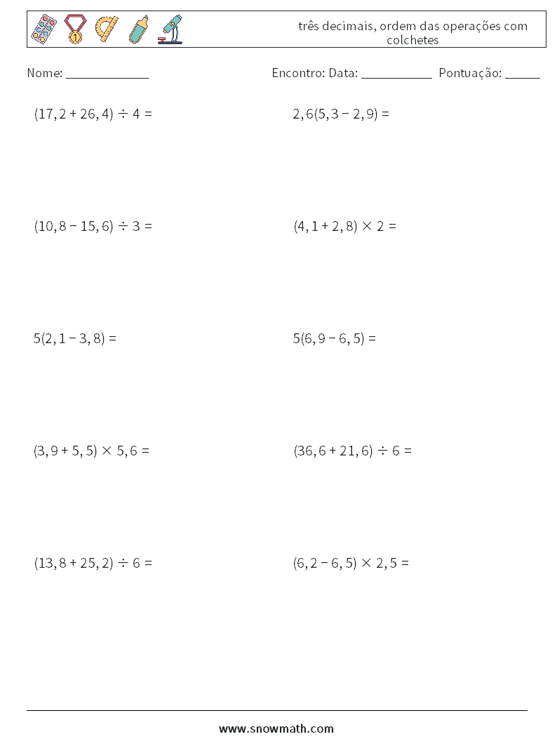 (10) três decimais, ordem das operações com colchetes planilhas matemáticas 14