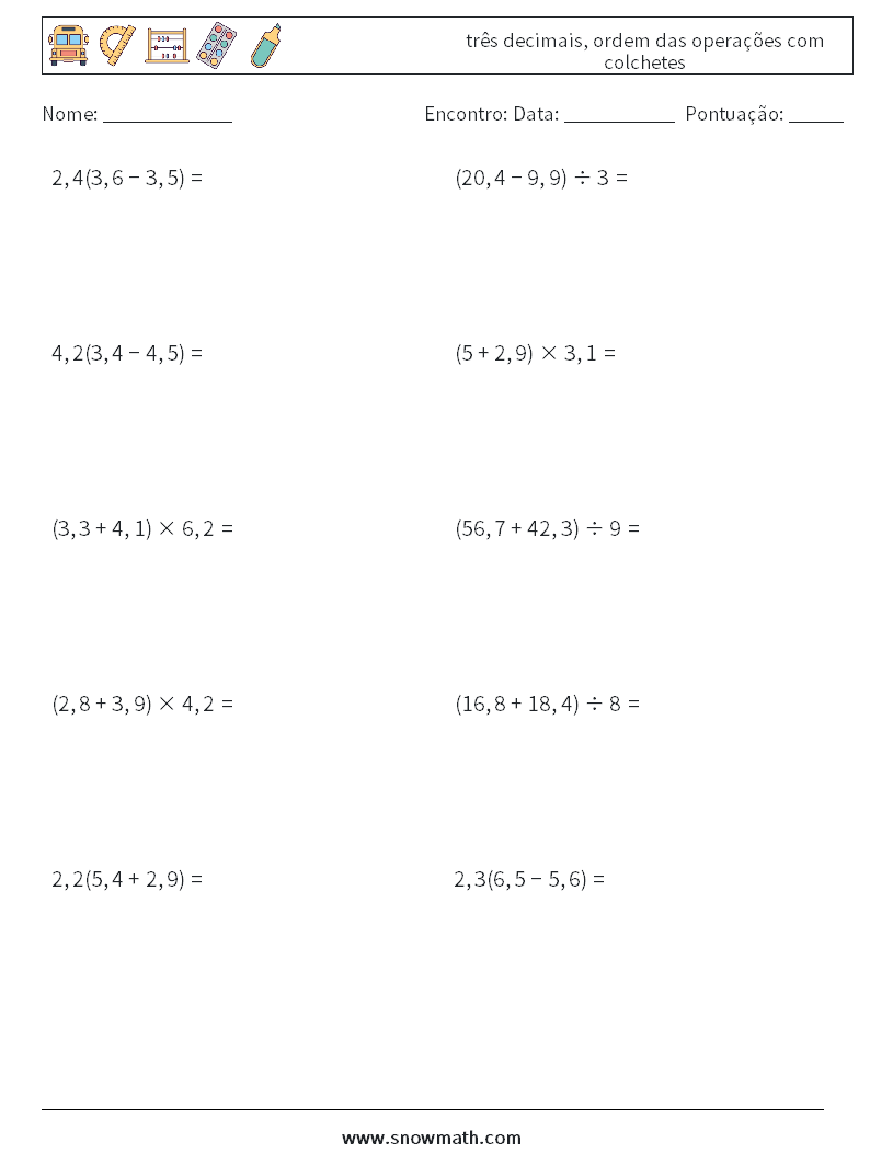 (10) três decimais, ordem das operações com colchetes planilhas matemáticas 15