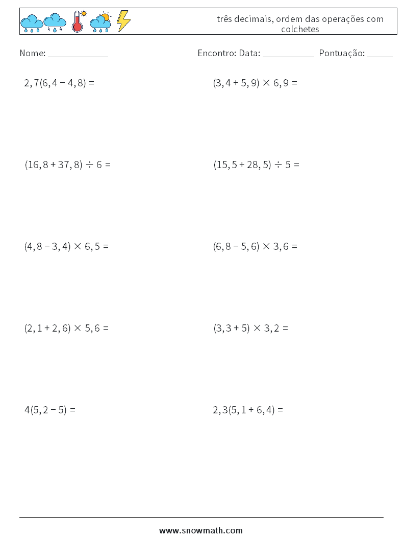 (10) três decimais, ordem das operações com colchetes planilhas matemáticas 16