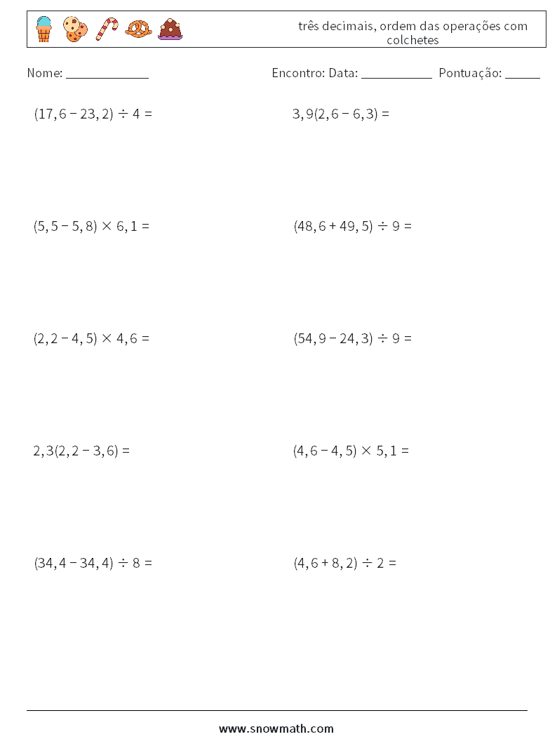 (10) três decimais, ordem das operações com colchetes planilhas matemáticas 17