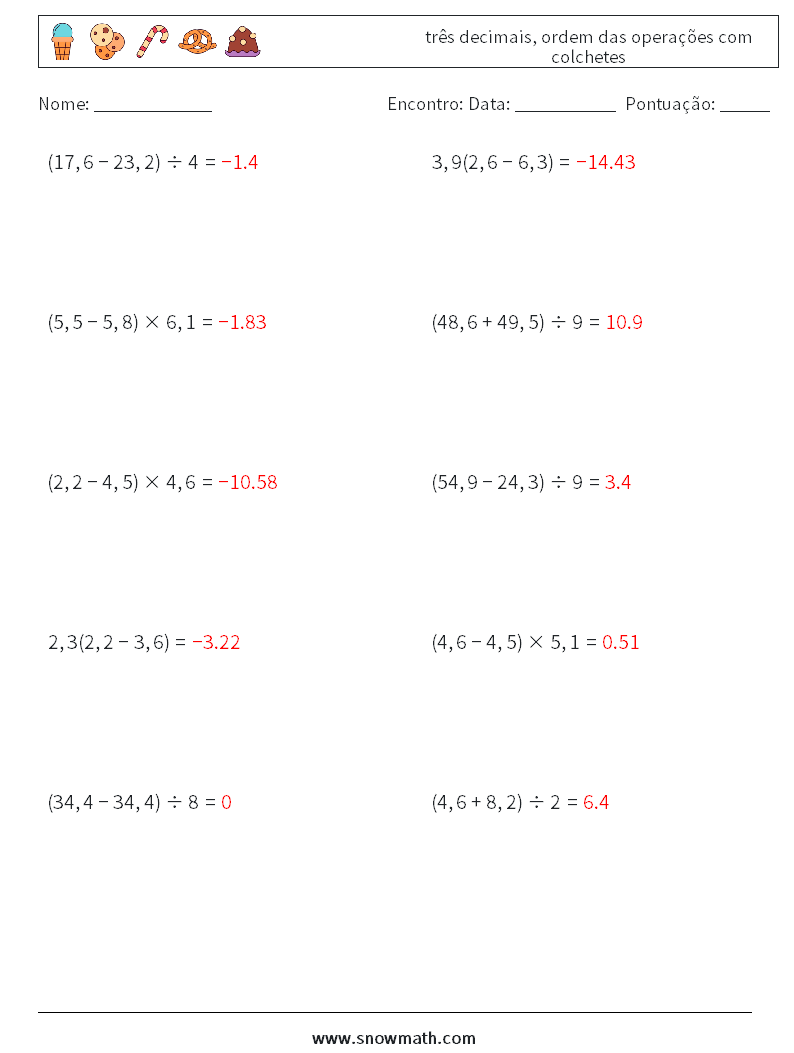 (10) três decimais, ordem das operações com colchetes planilhas matemáticas 17 Pergunta, Resposta
