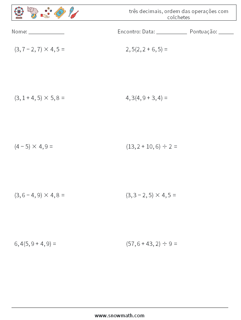 (10) três decimais, ordem das operações com colchetes planilhas matemáticas 18