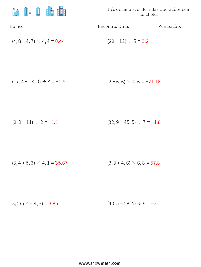 (10) três decimais, ordem das operações com colchetes planilhas matemáticas 1 Pergunta, Resposta