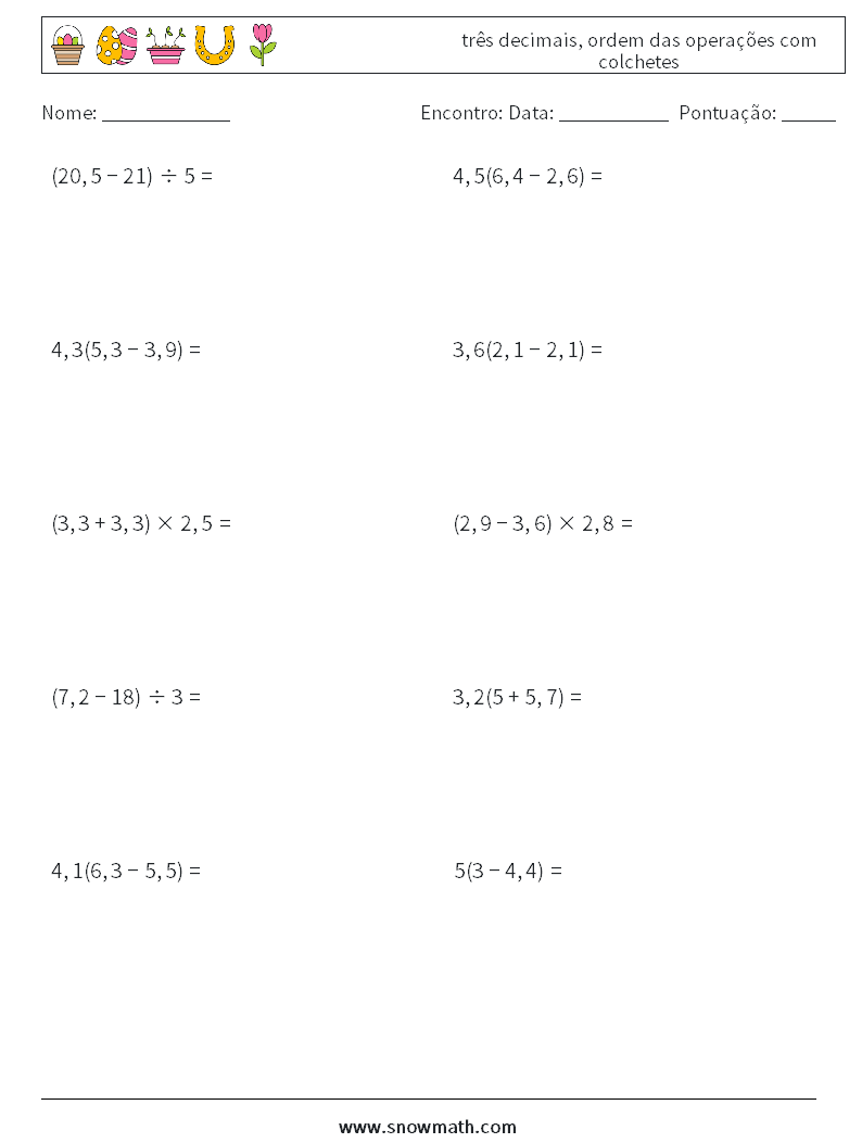 (10) três decimais, ordem das operações com colchetes planilhas matemáticas 2
