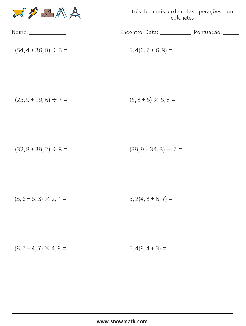 (10) três decimais, ordem das operações com colchetes planilhas matemáticas 4