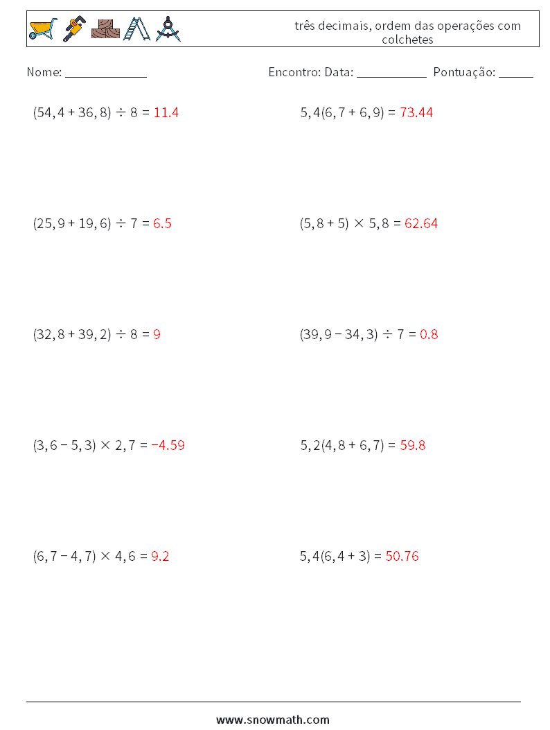 (10) três decimais, ordem das operações com colchetes planilhas matemáticas 4 Pergunta, Resposta
