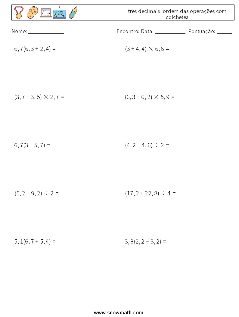 (10) três decimais, ordem das operações com colchetes planilhas matemáticas 5