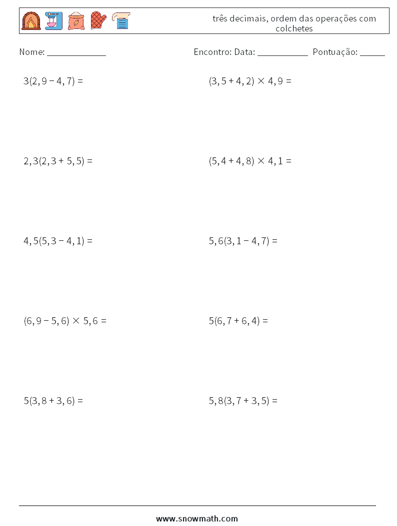 (10) três decimais, ordem das operações com colchetes planilhas matemáticas 6