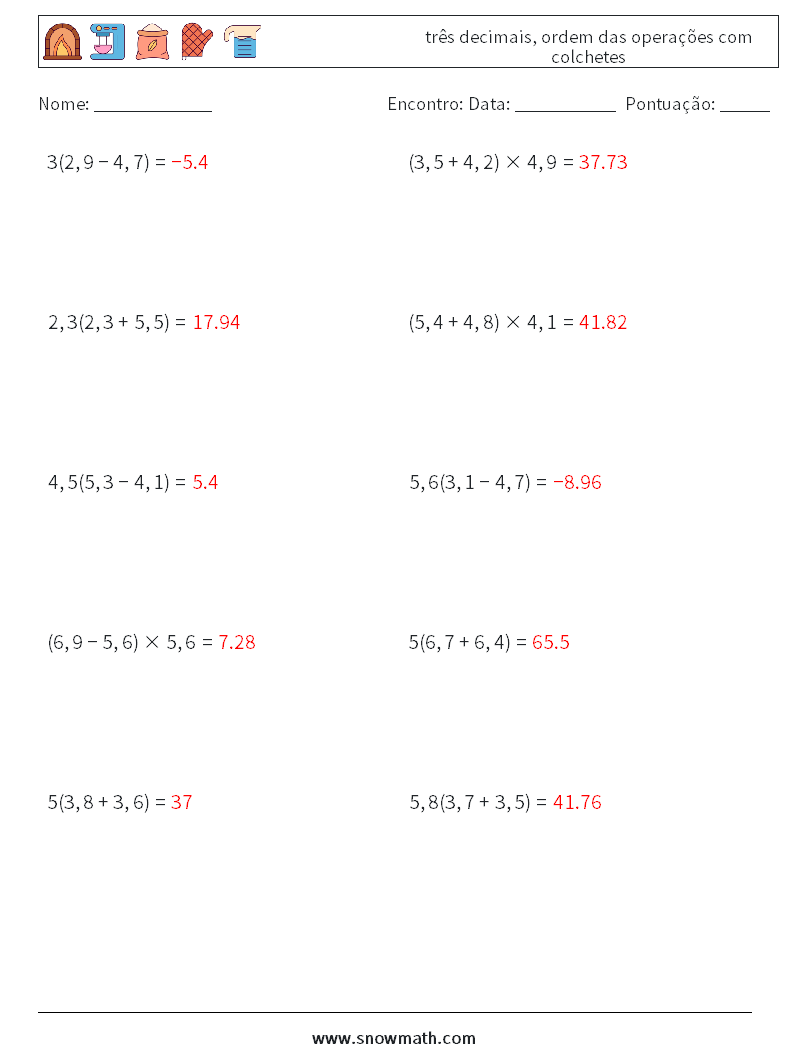 (10) três decimais, ordem das operações com colchetes planilhas matemáticas 6 Pergunta, Resposta