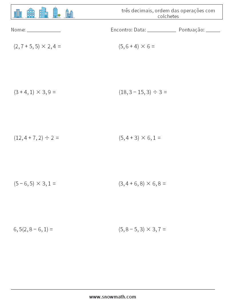 (10) três decimais, ordem das operações com colchetes planilhas matemáticas 8