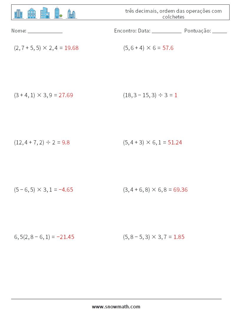 (10) três decimais, ordem das operações com colchetes planilhas matemáticas 8 Pergunta, Resposta