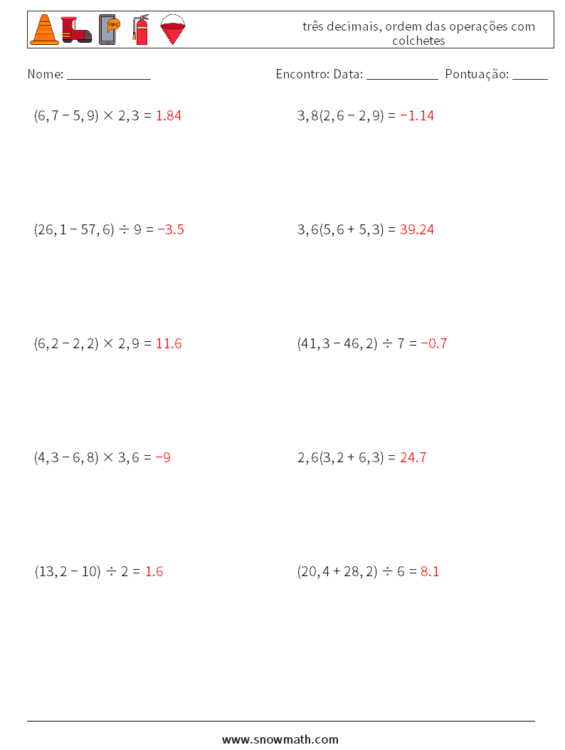 (10) três decimais, ordem das operações com colchetes planilhas matemáticas 9 Pergunta, Resposta