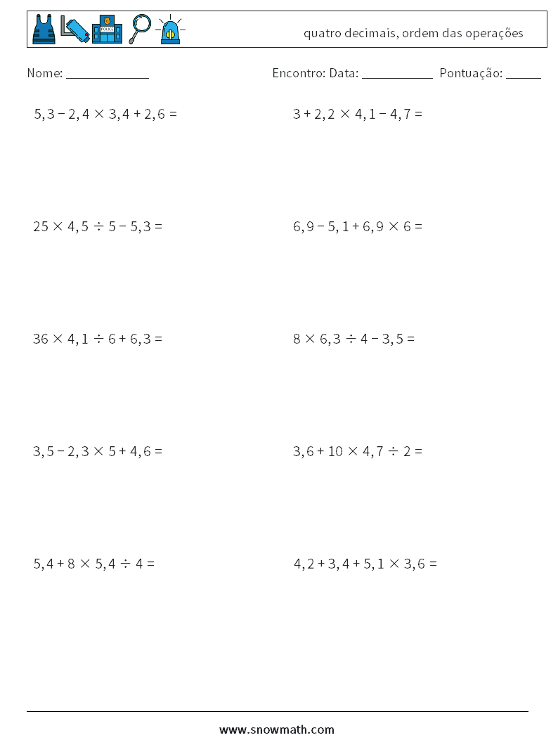 (10) quatro decimais, ordem das operações planilhas matemáticas 10