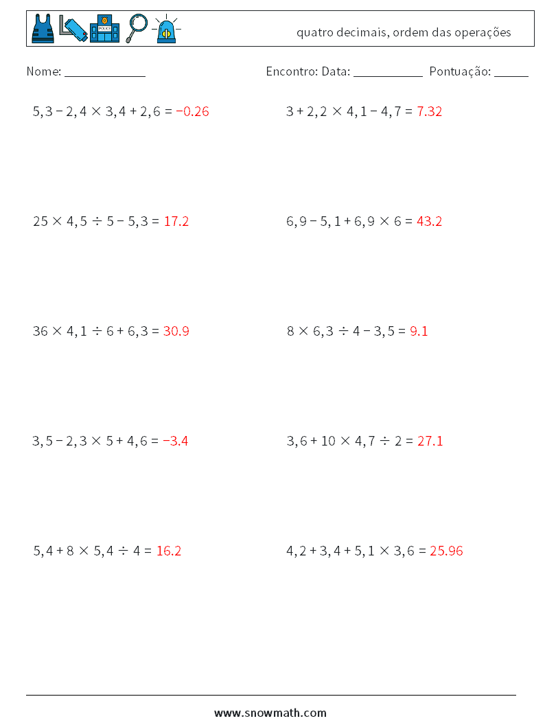 (10) quatro decimais, ordem das operações planilhas matemáticas 10 Pergunta, Resposta