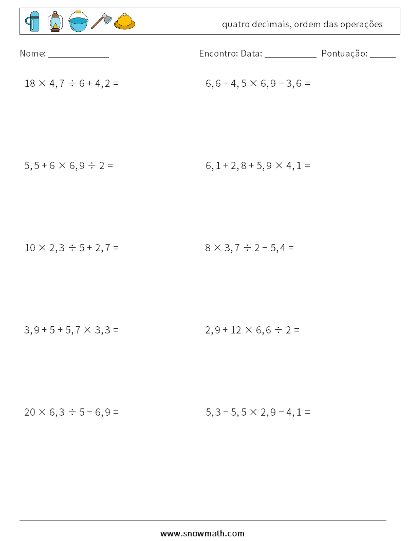 (10) quatro decimais, ordem das operações planilhas matemáticas 11
