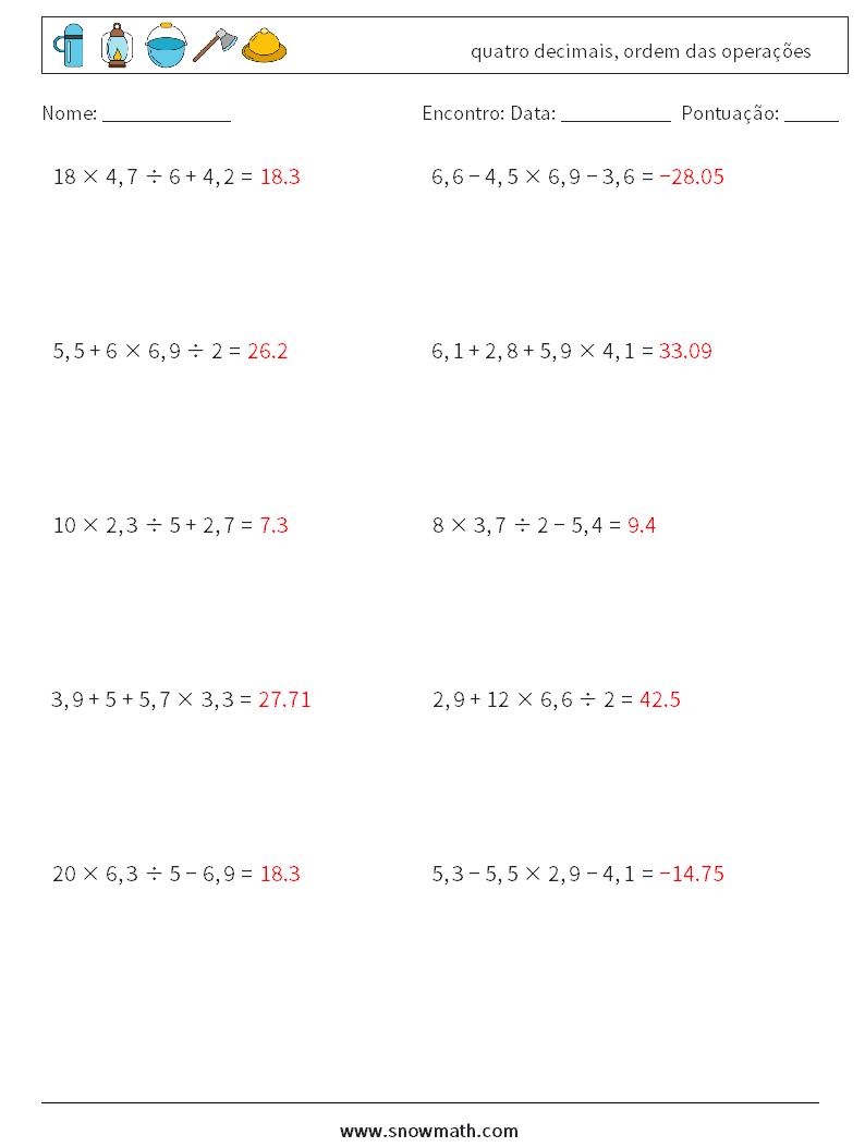 (10) quatro decimais, ordem das operações planilhas matemáticas 11 Pergunta, Resposta