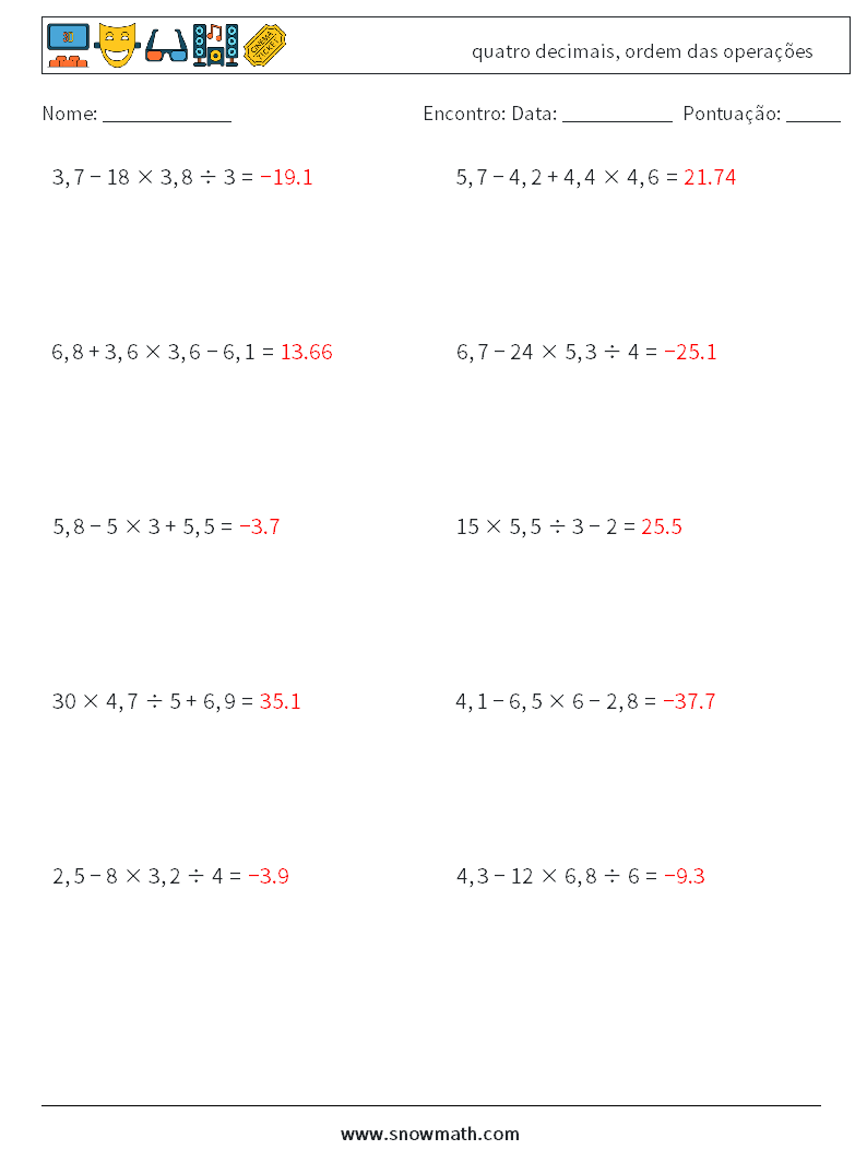 (10) quatro decimais, ordem das operações planilhas matemáticas 17 Pergunta, Resposta