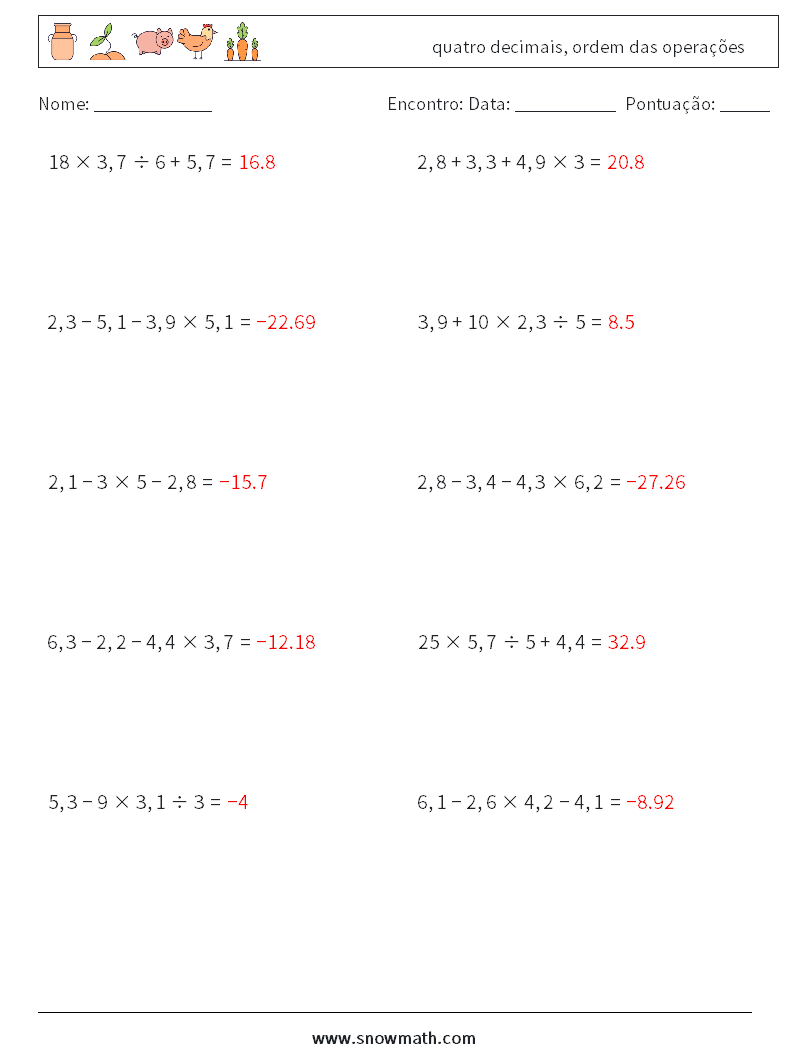(10) quatro decimais, ordem das operações planilhas matemáticas 18 Pergunta, Resposta