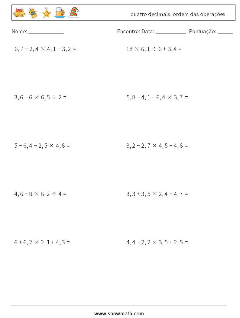 (10) quatro decimais, ordem das operações planilhas matemáticas 7