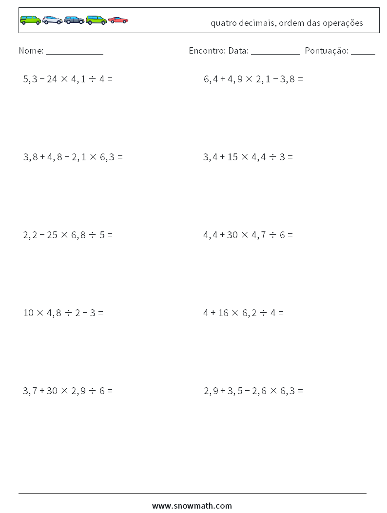 (10) quatro decimais, ordem das operações planilhas matemáticas 8