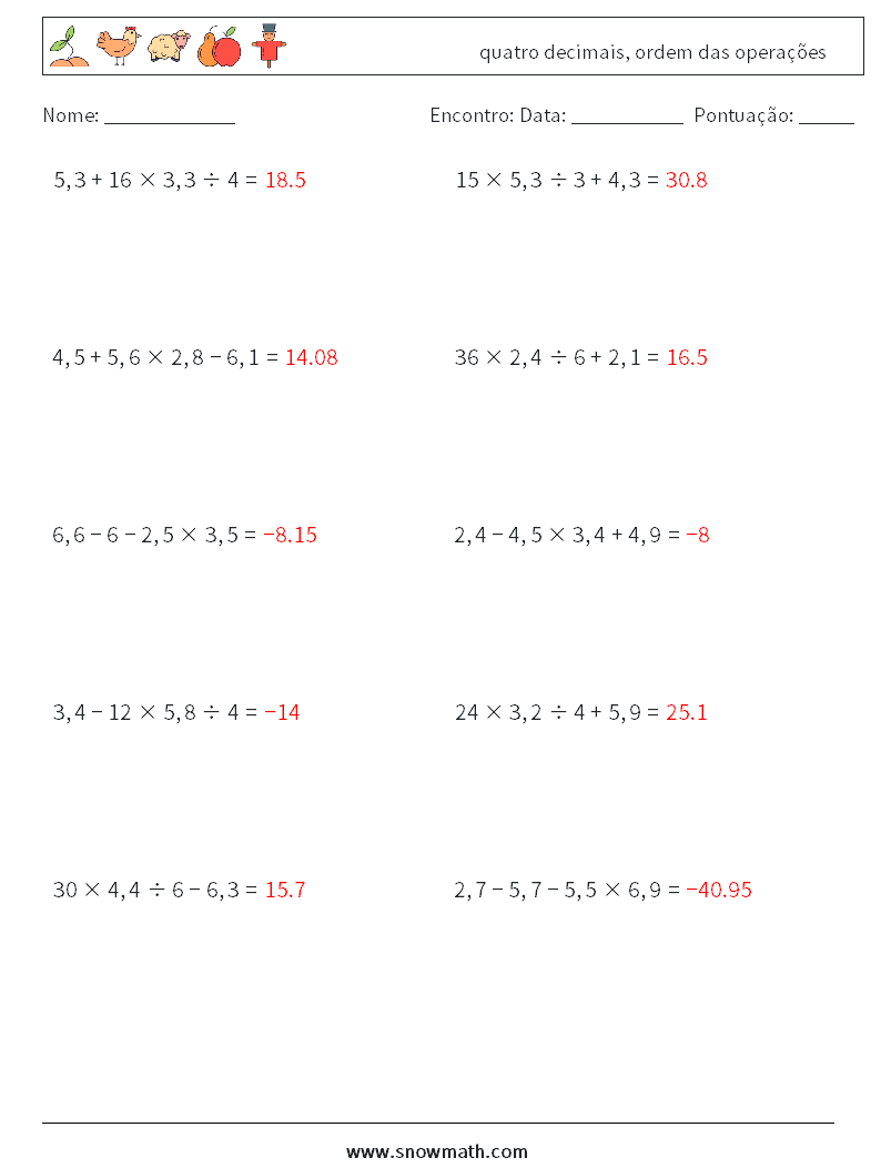 (10) quatro decimais, ordem das operações planilhas matemáticas 9 Pergunta, Resposta