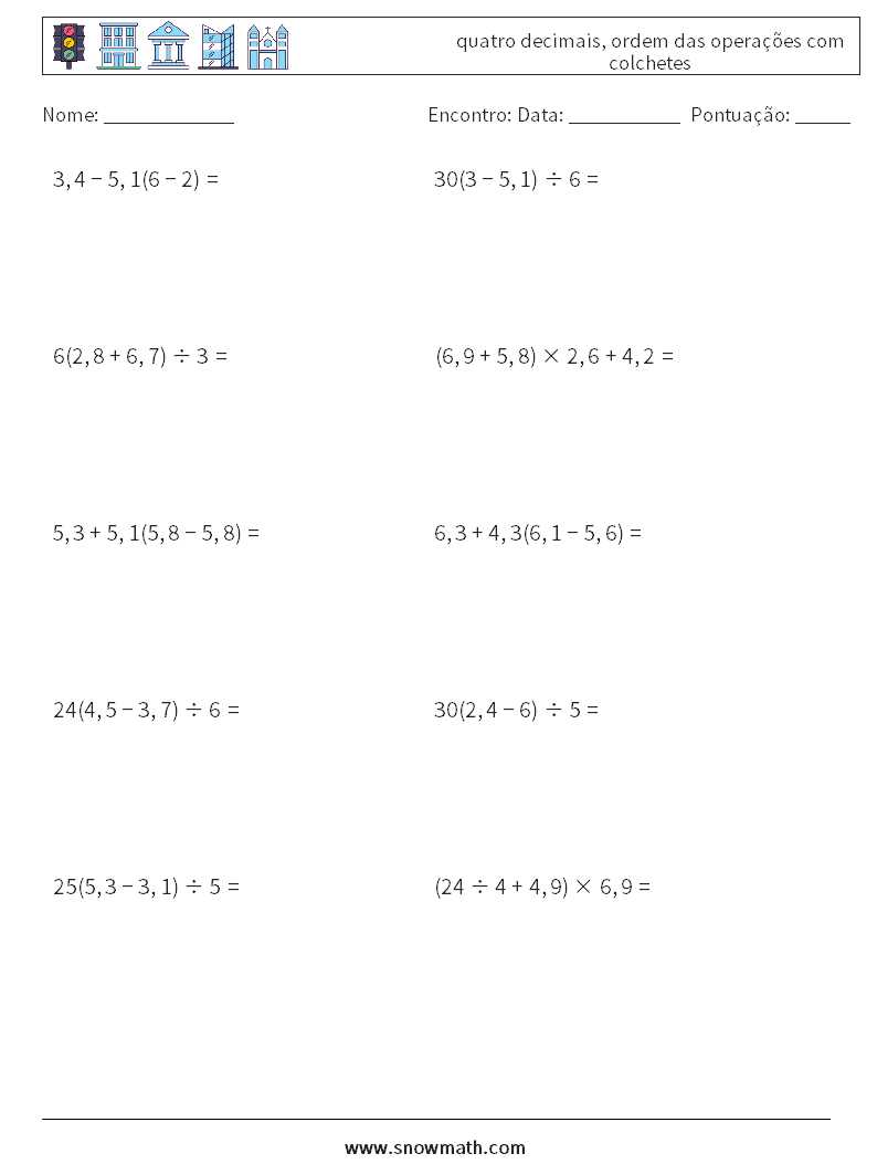 (10) quatro decimais, ordem das operações com colchetes planilhas matemáticas 1