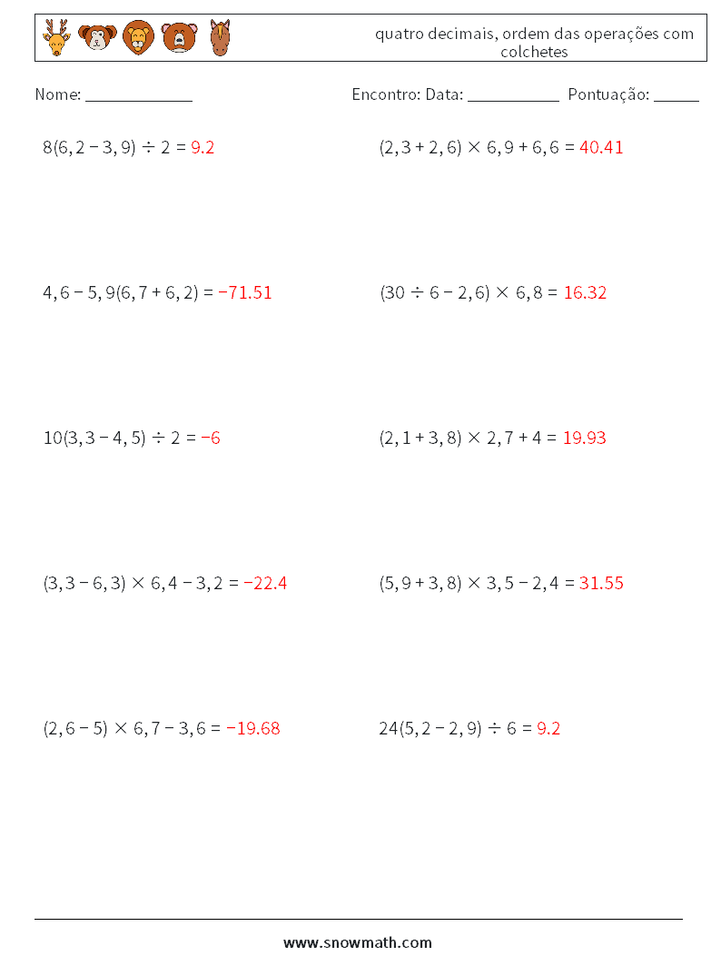 (10) quatro decimais, ordem das operações com colchetes planilhas matemáticas 10 Pergunta, Resposta
