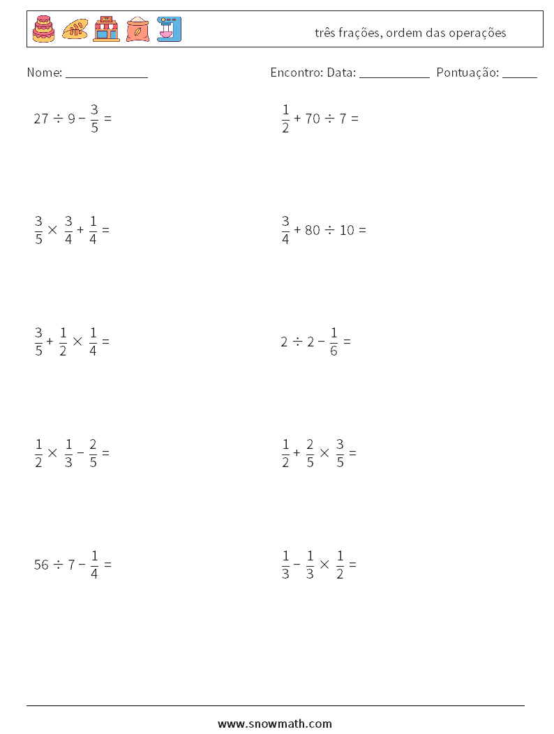 (10) três frações, ordem das operações planilhas matemáticas 1