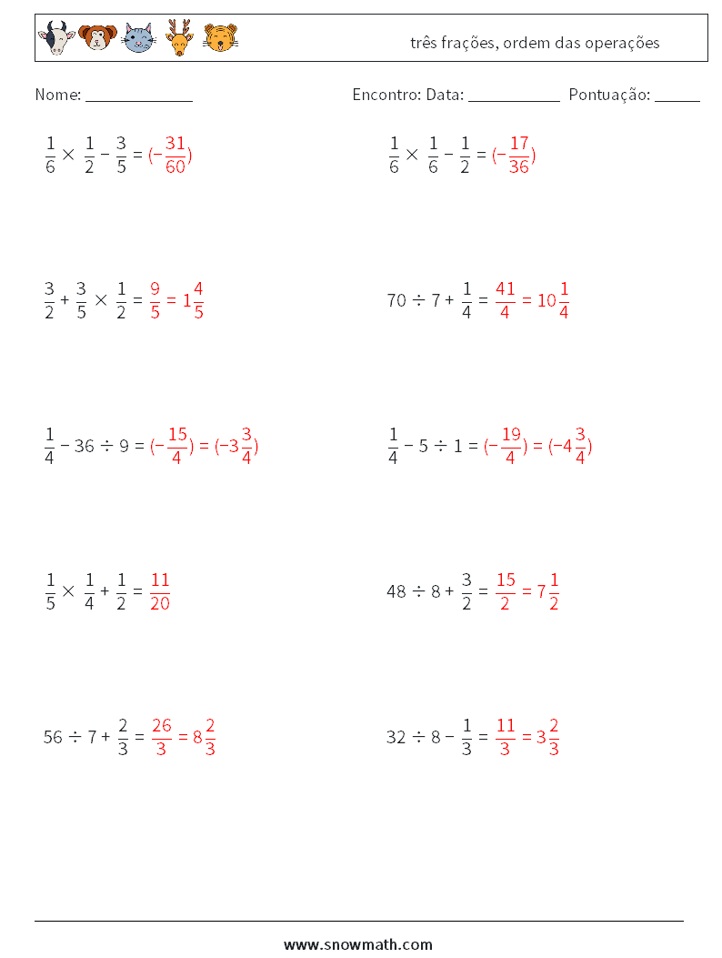 (10) três frações, ordem das operações planilhas matemáticas 10 Pergunta, Resposta