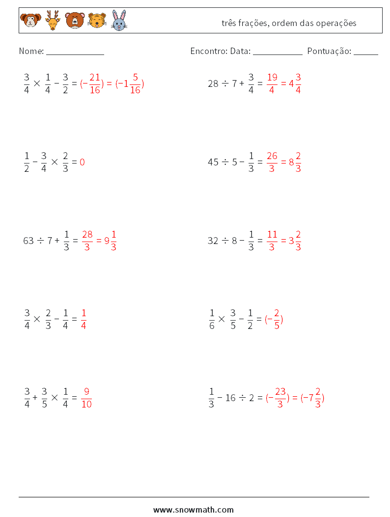 (10) três frações, ordem das operações planilhas matemáticas 11 Pergunta, Resposta