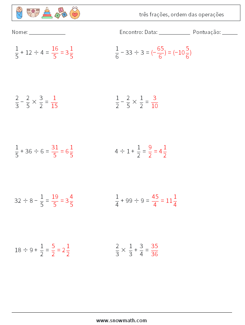 (10) três frações, ordem das operações planilhas matemáticas 13 Pergunta, Resposta