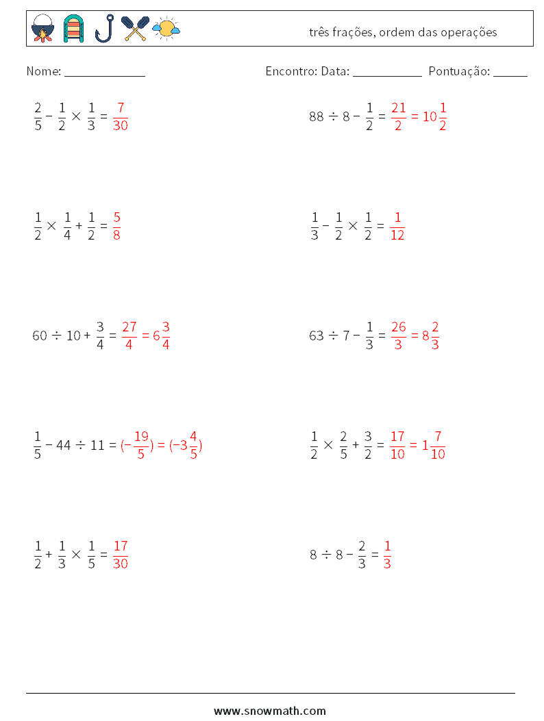 (10) três frações, ordem das operações planilhas matemáticas 16 Pergunta, Resposta