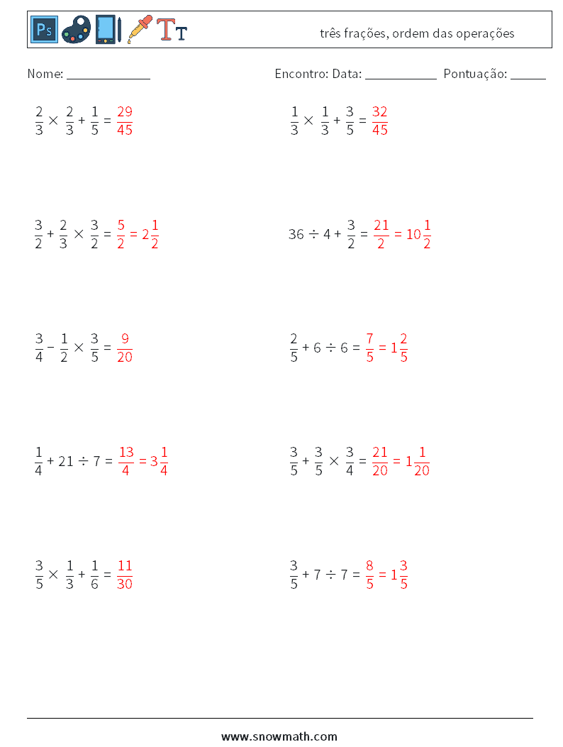 (10) três frações, ordem das operações planilhas matemáticas 17 Pergunta, Resposta