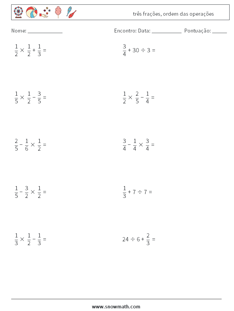 (10) três frações, ordem das operações planilhas matemáticas 5