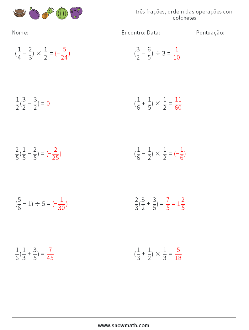 (10) três frações, ordem das operações com colchetes planilhas matemáticas 10 Pergunta, Resposta