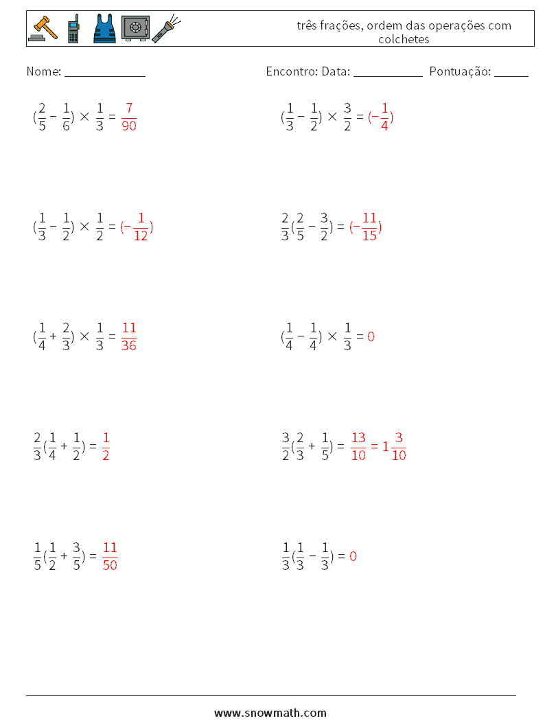 (10) três frações, ordem das operações com colchetes planilhas matemáticas 11 Pergunta, Resposta