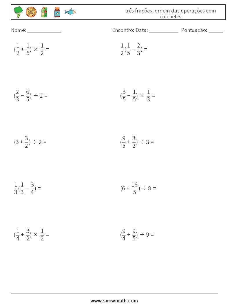 (10) três frações, ordem das operações com colchetes planilhas matemáticas 12