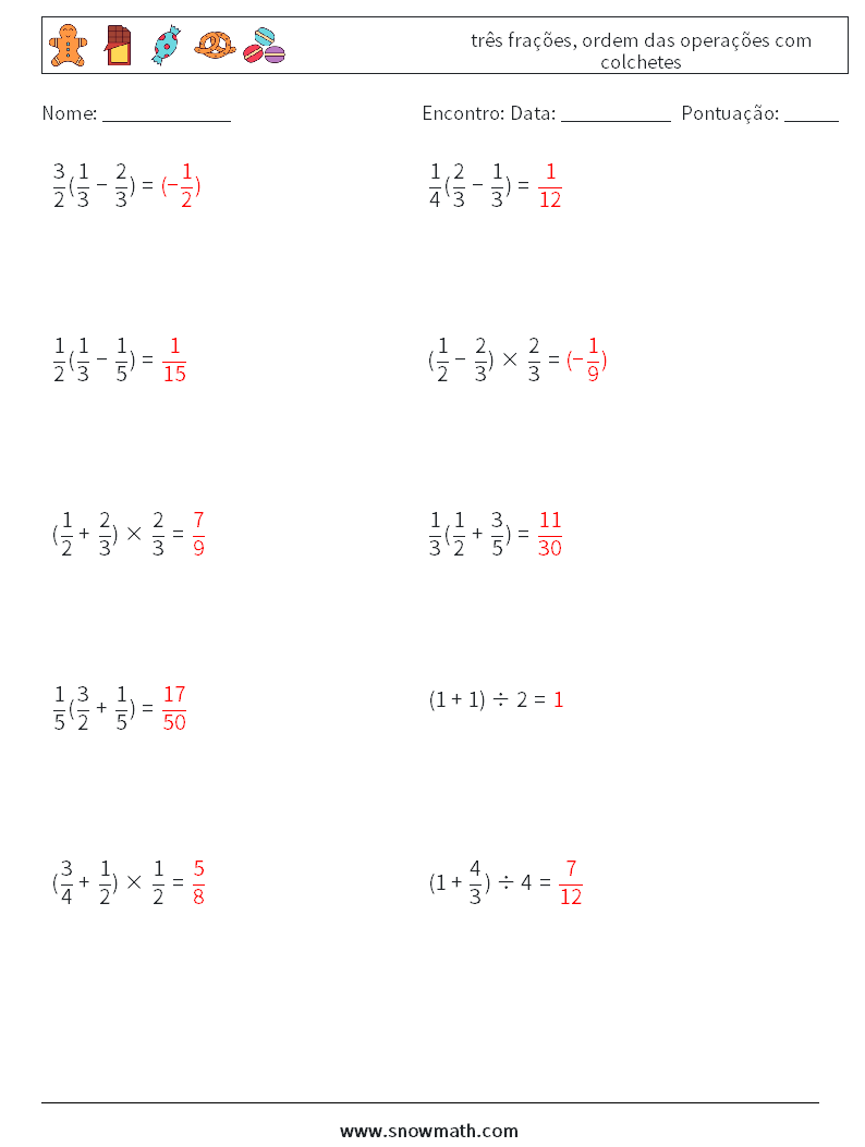 (10) três frações, ordem das operações com colchetes planilhas matemáticas 13 Pergunta, Resposta