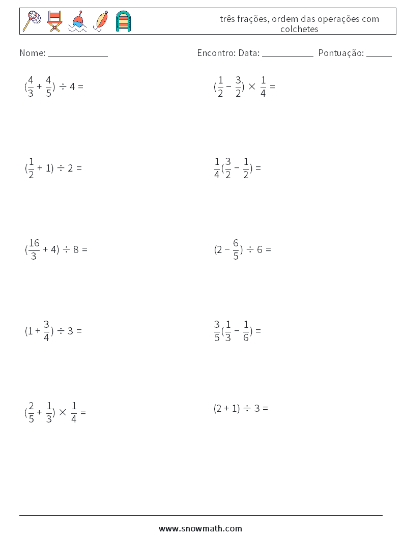 (10) três frações, ordem das operações com colchetes planilhas matemáticas 14