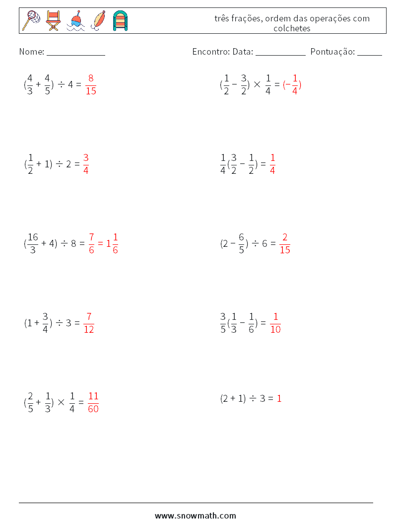 (10) três frações, ordem das operações com colchetes planilhas matemáticas 14 Pergunta, Resposta