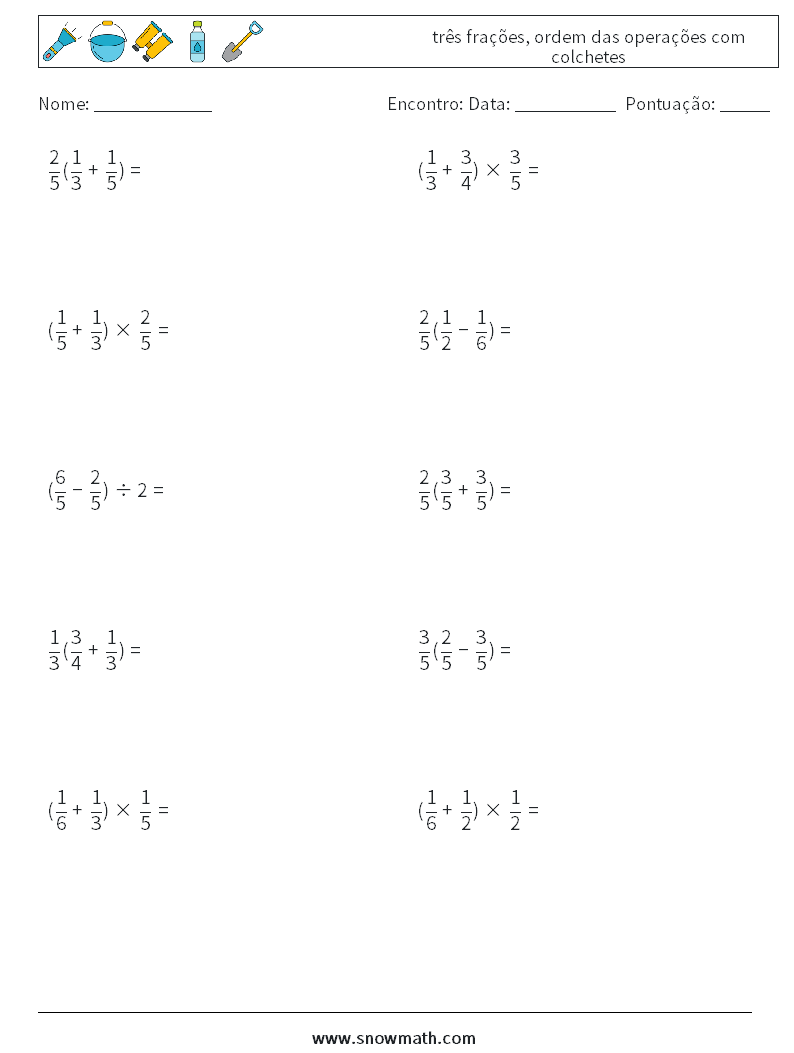 (10) três frações, ordem das operações com colchetes planilhas matemáticas 15