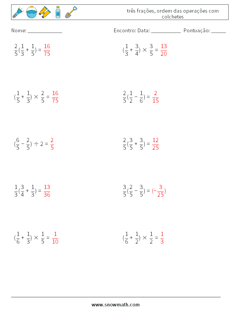 (10) três frações, ordem das operações com colchetes planilhas matemáticas 15 Pergunta, Resposta