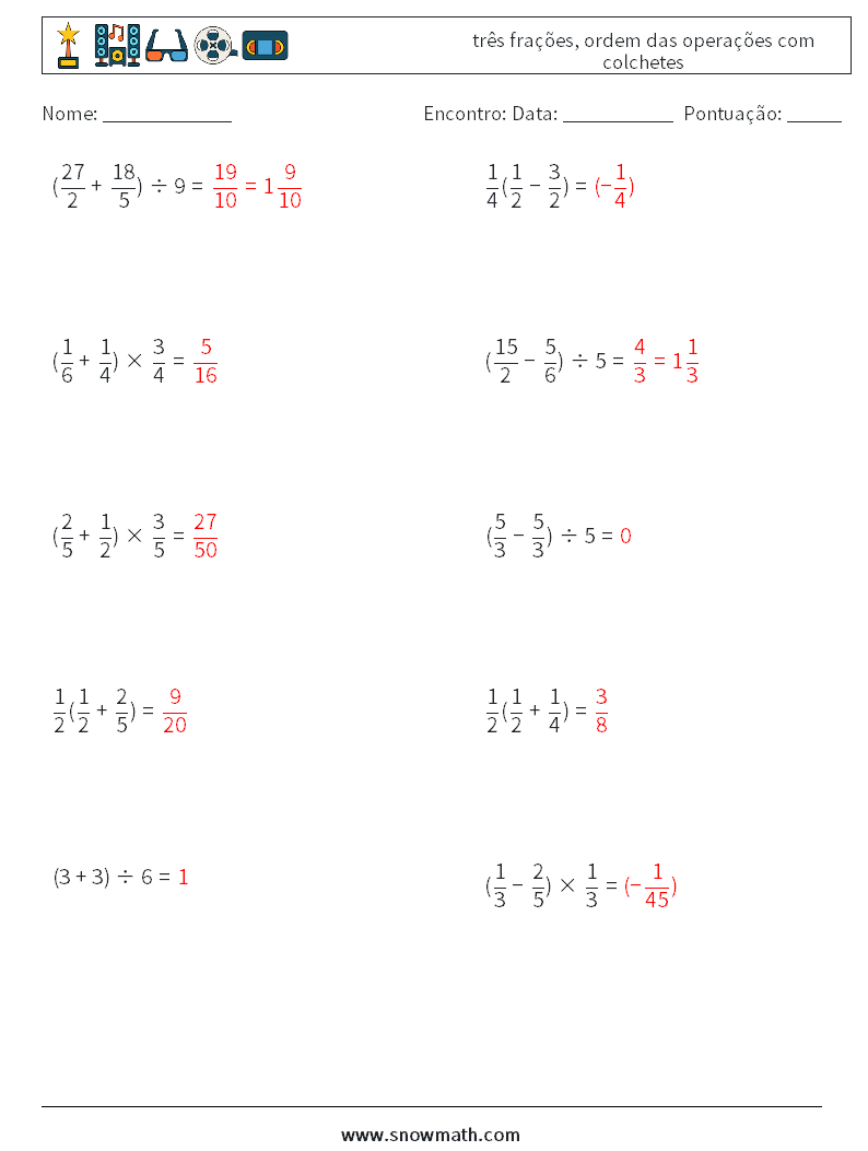 (10) três frações, ordem das operações com colchetes planilhas matemáticas 2 Pergunta, Resposta