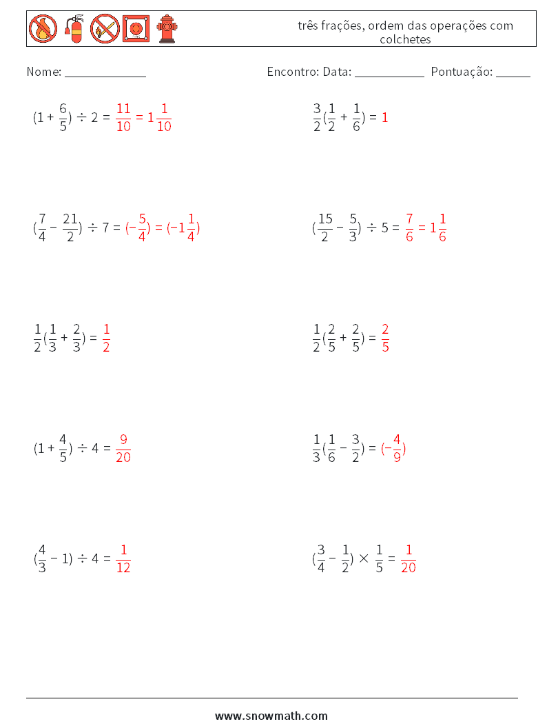 (10) três frações, ordem das operações com colchetes planilhas matemáticas 3 Pergunta, Resposta