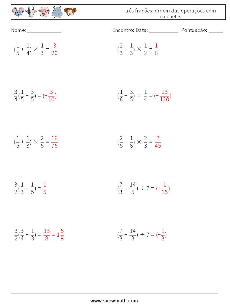 (10) três frações, ordem das operações com colchetes planilhas matemáticas 4 Pergunta, Resposta