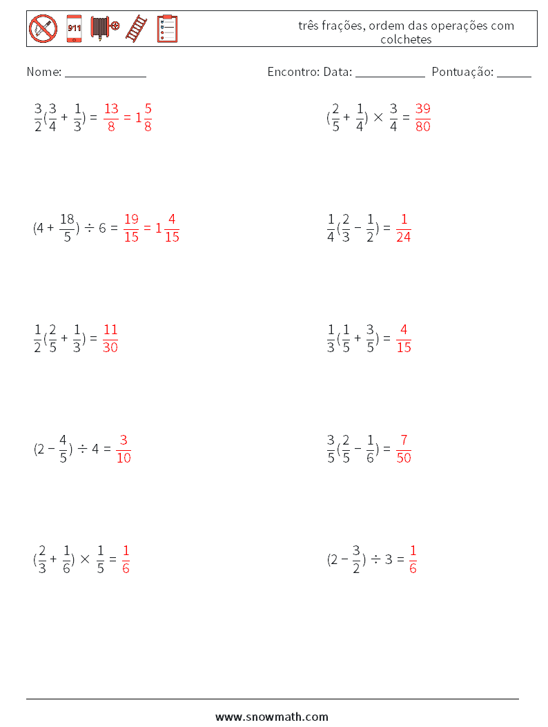 (10) três frações, ordem das operações com colchetes planilhas matemáticas 6 Pergunta, Resposta